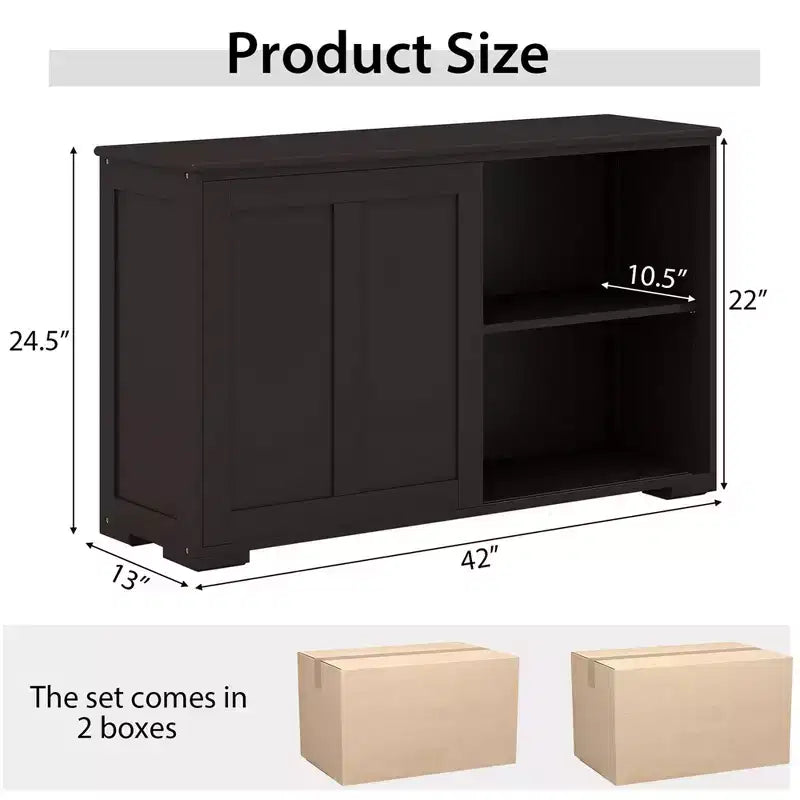 Stackable Buffet Sideboard Set of 2 with Sliding Doors & Adjustable Shelf, Brown/Black/Grey/Antique White