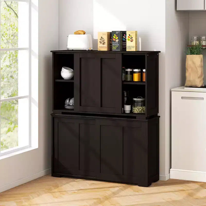 Stackable Buffet Sideboard Set of 2 with Sliding Doors & Adjustable Shelf, Brown/Black/Grey/Antique White
