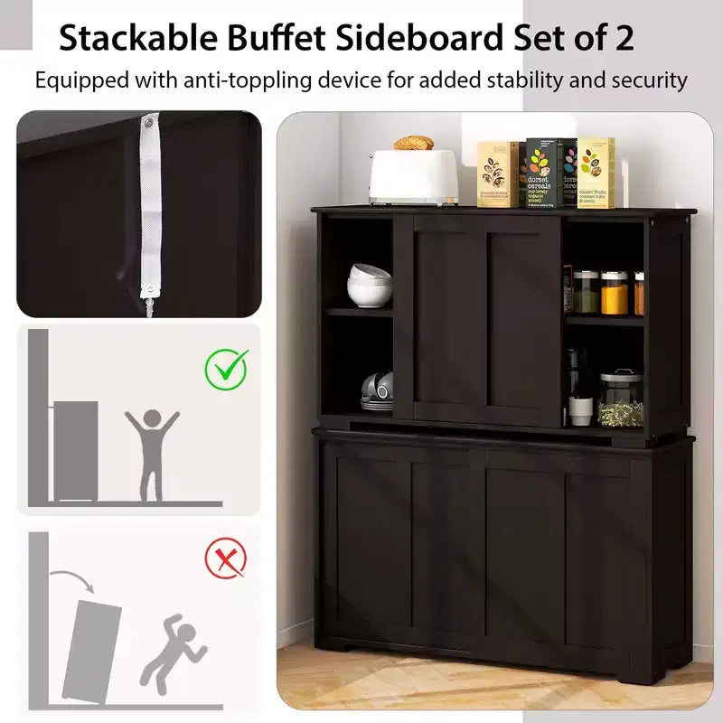 Stackable Buffet Sideboard Set of 2 with Sliding Doors & Adjustable Shelf, Brown/Black/Grey/Antique White