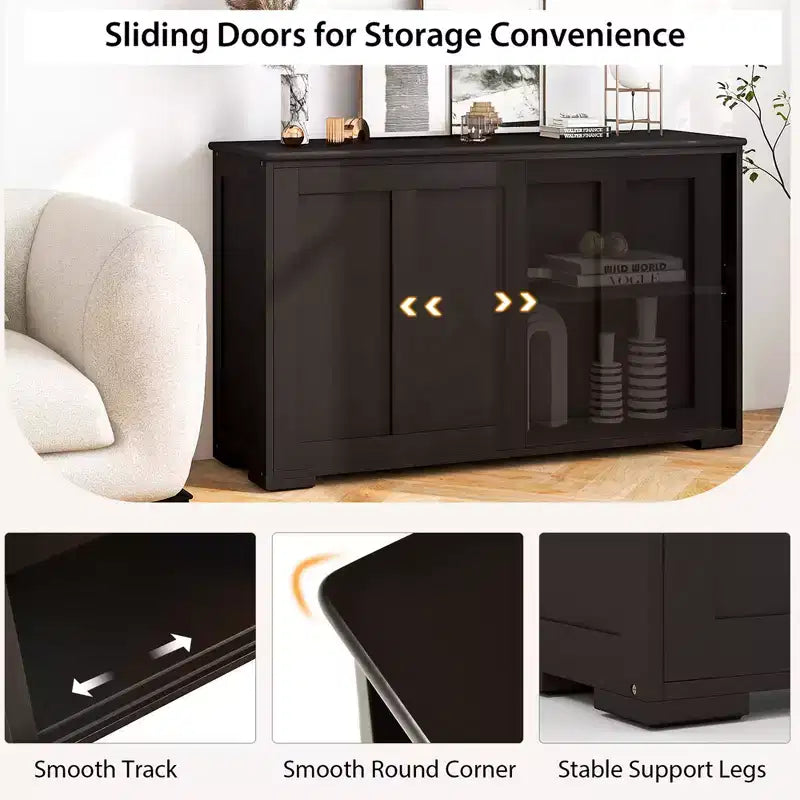 Stackable Buffet Sideboard Set of 2 with Sliding Doors & Adjustable Shelf, Brown/Black/Grey/Antique White