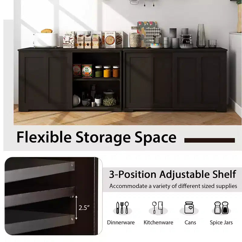 Stackable Buffet Sideboard Set of 2 with Sliding Doors & Adjustable Shelf, Brown/Black/Grey/Antique White