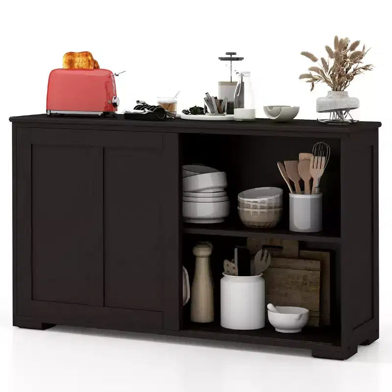 Stackable Buffet Sideboard Set of 2 with Sliding Doors & Adjustable Shelf, Brown/Black/Grey/Antique White