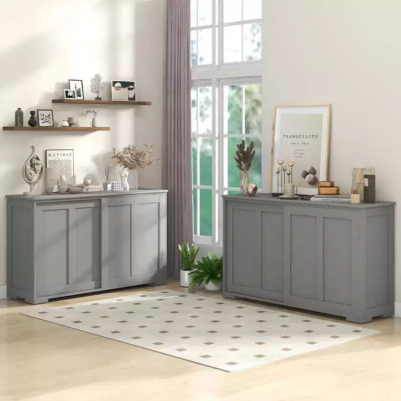Stackable Buffet Sideboard Set of 2 with Sliding Doors & Adjustable Shelf, Brown/Black/Grey/Antique White