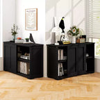 Stackable Buffet Sideboard Set of 2 with Sliding Doors & Adjustable Shelf, Brown/Black/Grey/Antique White