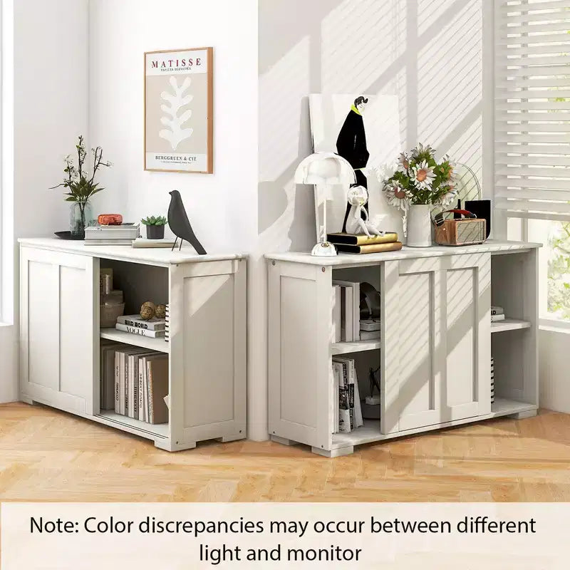 Stackable Buffet Sideboard Set of 2 with Sliding Doors & Adjustable Shelf, Brown/Black/Grey/Antique White