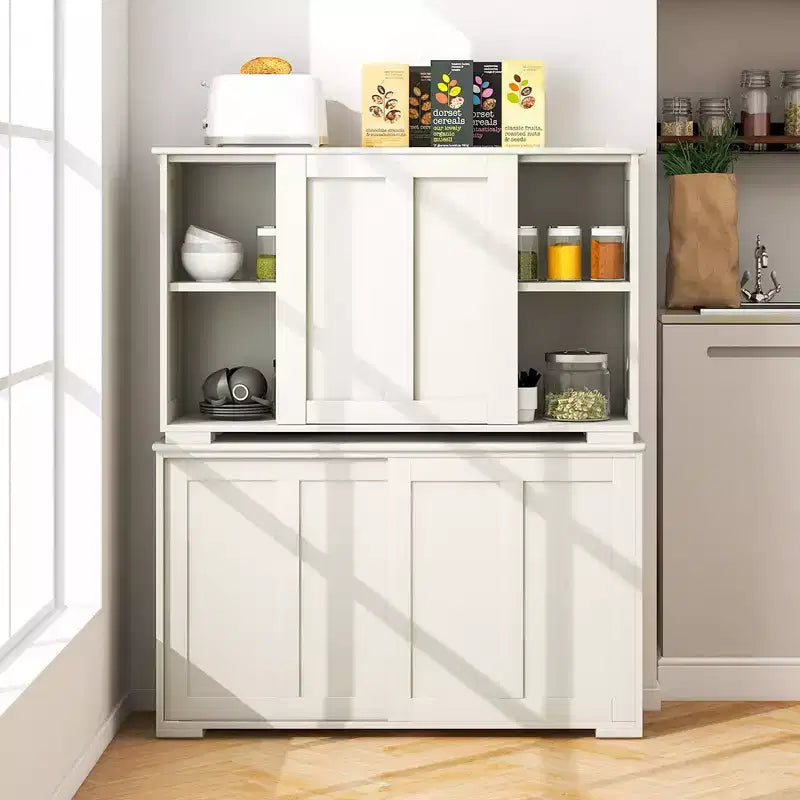 Stackable Buffet Sideboard Set of 2 with Sliding Doors & Adjustable Shelf, Brown/Black/Grey/Antique White