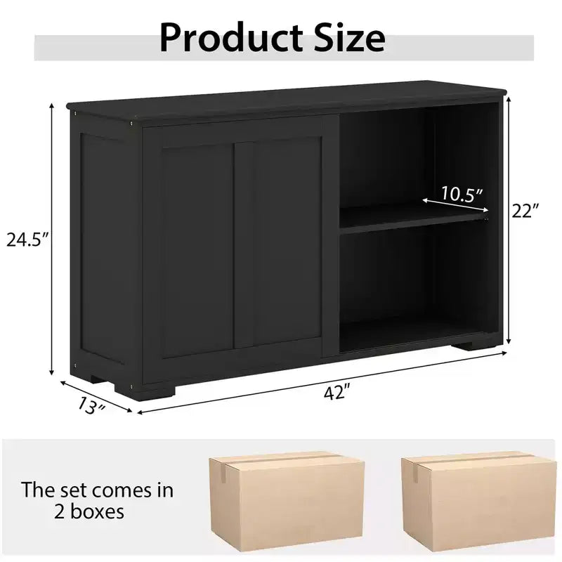 Stackable Buffet Sideboard Set of 2 with Sliding Doors & Adjustable Shelf, Brown/Black/Grey/Antique White