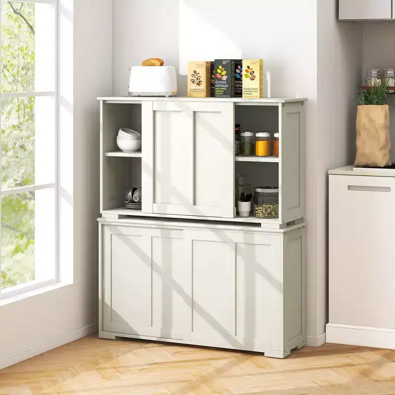 Stackable Buffet Sideboard Set of 2 with Sliding Doors & Adjustable Shelf, Brown/Black/Grey/Antique White