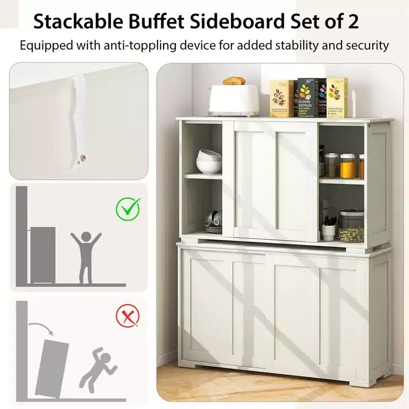 Stackable Buffet Sideboard Set of 2 with Sliding Doors & Adjustable Shelf, Brown/Black/Grey/Antique White