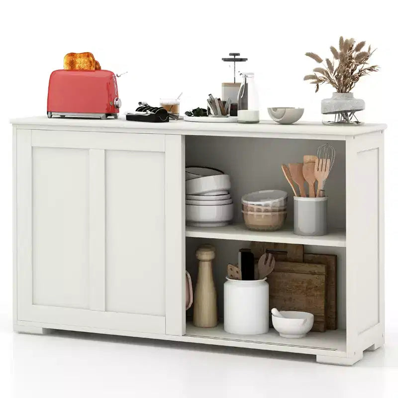 Stackable Buffet Sideboard Set of 2 with Sliding Doors & Adjustable Shelf, Brown/Black/Grey/Antique White