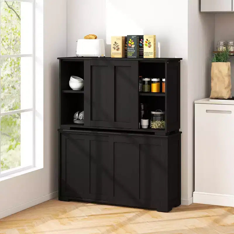 Stackable Buffet Sideboard Set of 2 with Sliding Doors & Adjustable Shelf, Brown/Black/Grey/Antique White