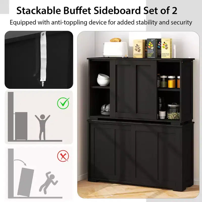 Stackable Buffet Sideboard Set of 2 with Sliding Doors & Adjustable Shelf, Brown/Black/Grey/Antique White