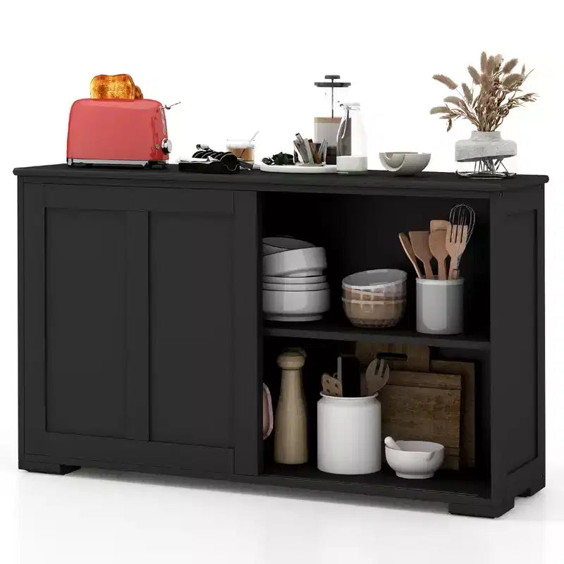 Stackable Buffet Sideboard Set of 2 with Sliding Doors & Adjustable Shelf, Brown/Black/Grey/Antique White