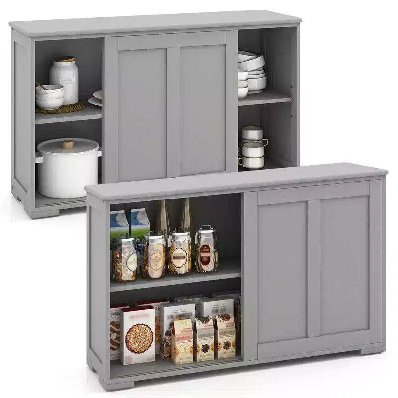 Stackable Buffet Sideboard Set of 2 with Sliding Doors & Adjustable Shelf, Brown/Black/Grey/Antique White