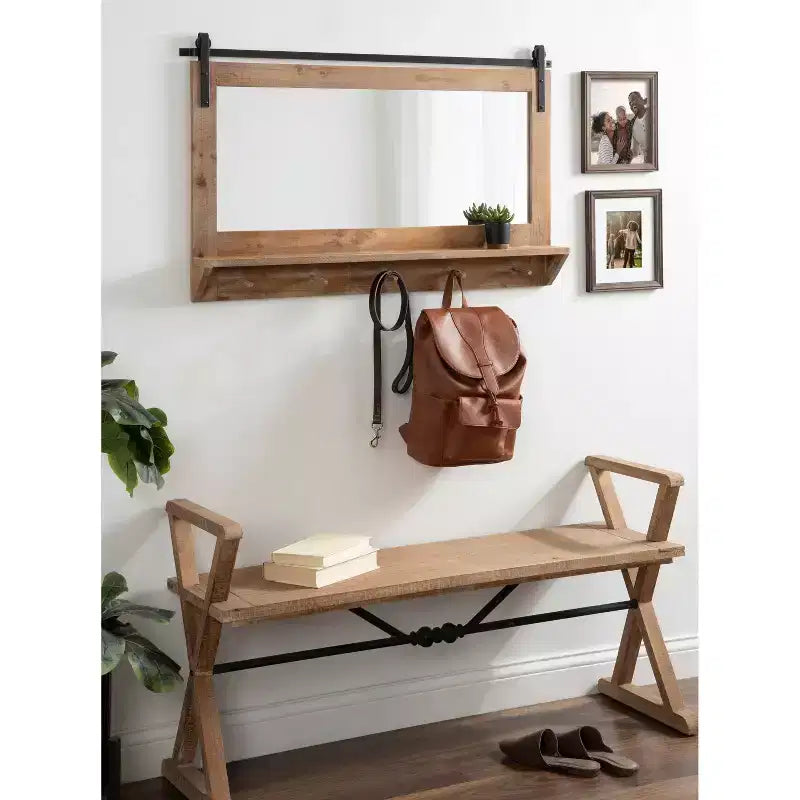 42x27" Framed Wall Mirror with Bottom Shelf and Hooks, Plastic Frame, Wall Mount