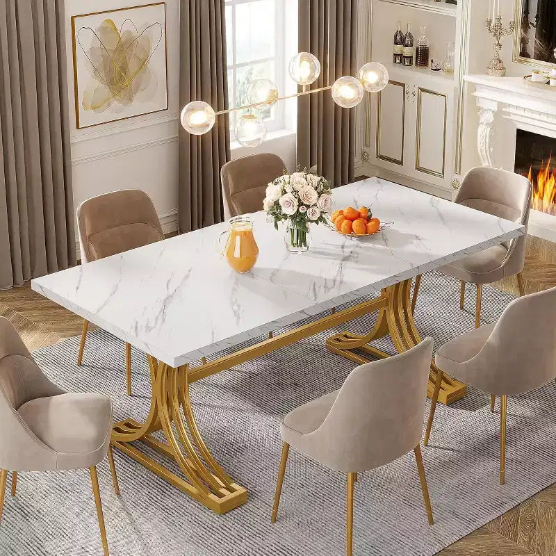 63-Inch Rectangular Dining Table for 4 to 6, Faux Marble Veneer Top with Golden Half-Moon Legs