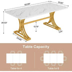 63-Inch Rectangular Dining Table for 4 to 6, Faux Marble Veneer Top with Golden Half-Moon Legs