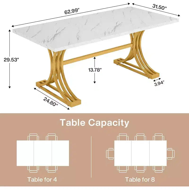 63-Inch Rectangular Dining Table for 4 to 6, Faux Marble Veneer Top with Golden Half-Moon Legs