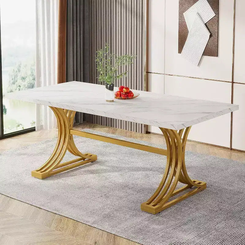 63-Inch Rectangular Dining Table for 4 to 6, Faux Marble Veneer Top with Golden Half-Moon Legs