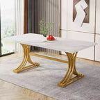 63-Inch Rectangular Dining Table for 4 to 6, Faux Marble Veneer Top with Golden Half-Moon Legs