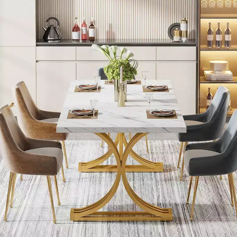 63-Inch Rectangular Dining Table for 4 to 6, Faux Marble Veneer Top with Golden Half-Moon Legs