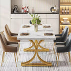 63-Inch Rectangular Dining Table for 4 to 6, Faux Marble Veneer Top with Golden Half-Moon Legs