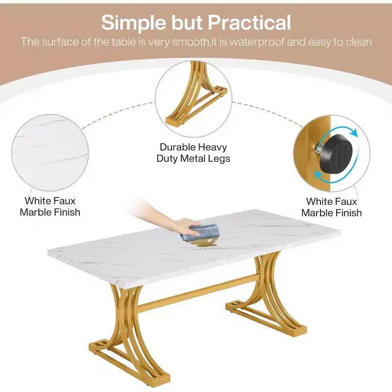 63-Inch Rectangular Dining Table for 4 to 6, Faux Marble Veneer Top with Golden Half-Moon Legs