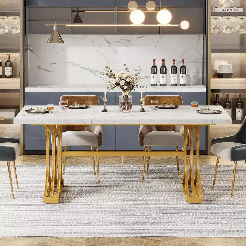 63-Inch Rectangular Dining Table for 4 to 6, Faux Marble Veneer Top with Golden Half-Moon Legs