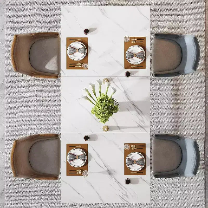 63-Inch Rectangular Dining Table for 4 to 6, Faux Marble Veneer Top with Golden Half-Moon Legs