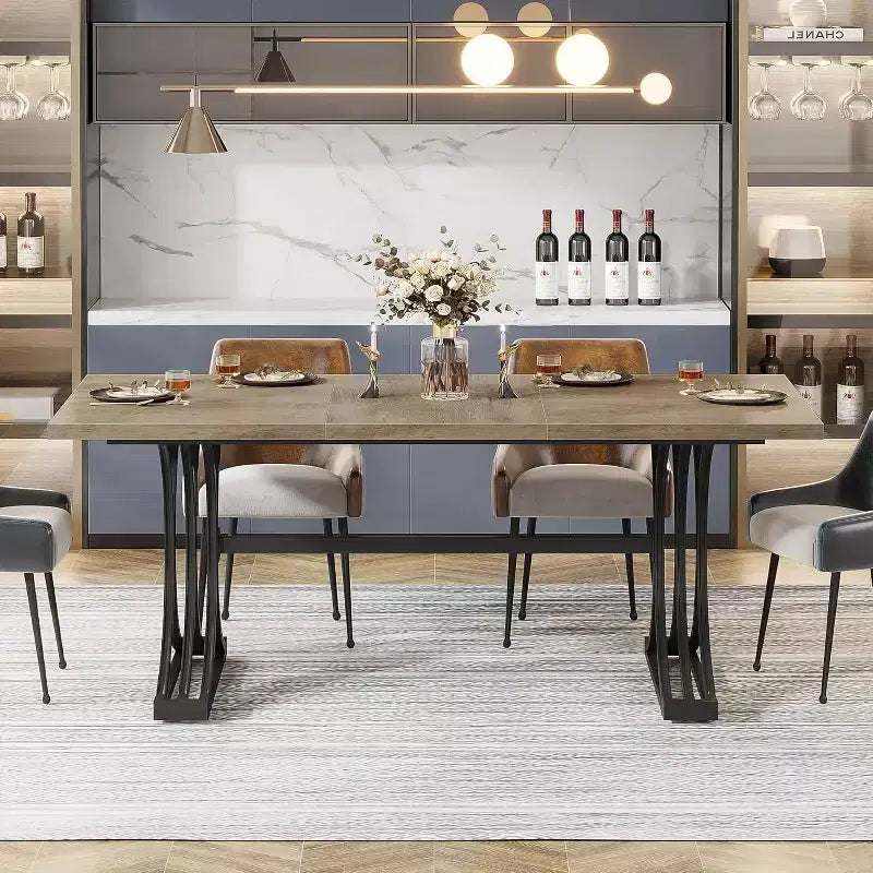 63-Inch Rectangular Dining Table for 4 to 6, Faux Marble Veneer Top with Golden Half-Moon Legs