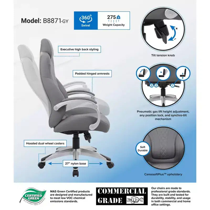 Executive Hinged Armchair, High-Back Office Chair with Lumbar Support, Swivel, Adjustable Height & Tilt