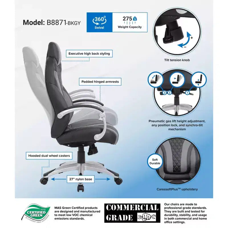 Executive Hinged Armchair, High-Back Office Chair with Lumbar Support, Swivel, Adjustable Height & Tilt