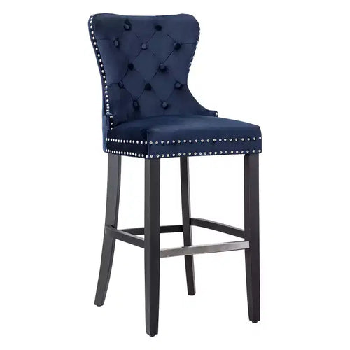 WestinTrends 29 Tufted Upholstered Velvet Bar Stool with Metal Footrest, Velvet Navy Blue