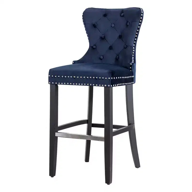 29 Tufted Upholstered Velvet Bar Stool with Metal Footrest, Velvet Navy Blue
