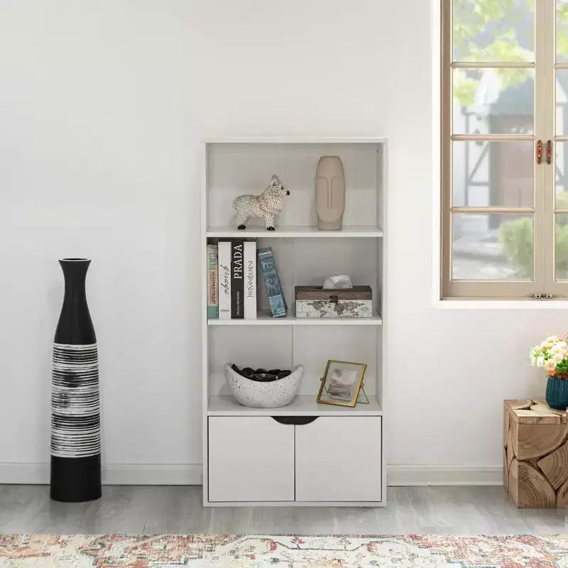47" 3-Tier Open Bookshelf with 2-Door Storage Cabinet and 1 Adjustable Shelf, Particle Board