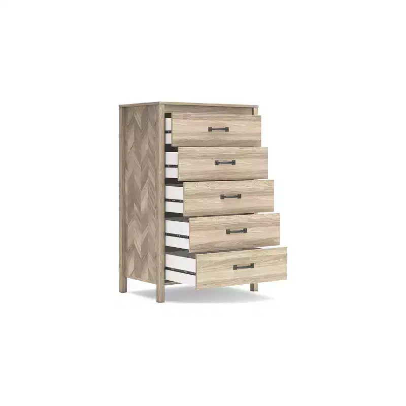 5 Drawer Dresser, Tan, Mid-Century Modern with Oak Grain and Chevron Pattern, Ball-Bearing Glides