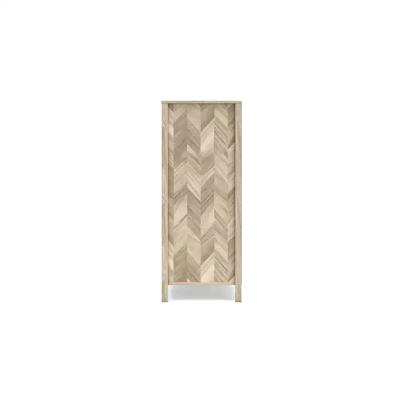 5 Drawer Dresser, Tan, Mid-Century Modern with Oak Grain and Chevron Pattern, Ball-Bearing Glides