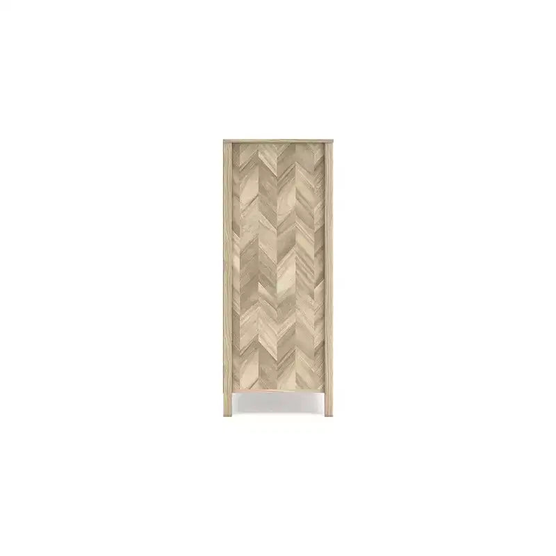 5 Drawer Dresser, Tan, Mid-Century Modern with Oak Grain and Chevron Pattern, Ball-Bearing Glides