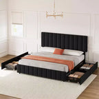 Queen Platform Bed Frame with Adjustable Headboard and 4 Storage Drawers, Linen Upholstered, No Box Spring Needed