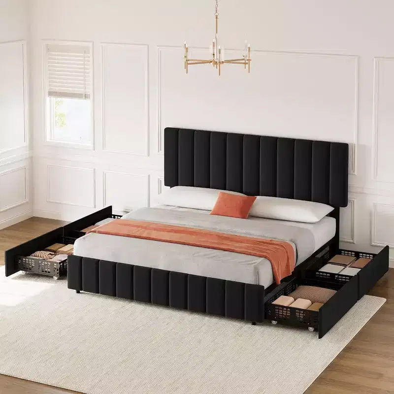 Queen Platform Bed Frame with Adjustable Headboard and 4 Storage Drawers, Linen Upholstered, No Box Spring Needed