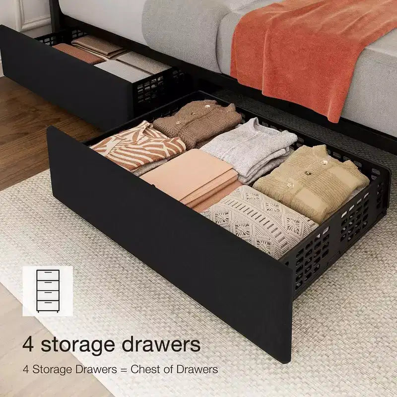 Queen Platform Bed Frame with Adjustable Headboard and 4 Storage Drawers, Linen Upholstered, No Box Spring Needed