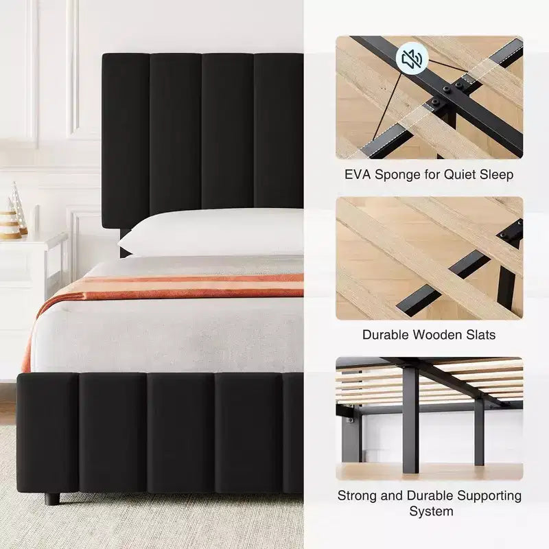 Queen Platform Bed Frame with Adjustable Headboard and 4 Storage Drawers, Linen Upholstered, No Box Spring Needed