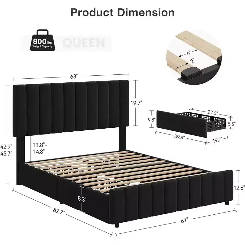 Queen Platform Bed Frame with Adjustable Headboard and 4 Storage Drawers, Linen Upholstered, No Box Spring Needed