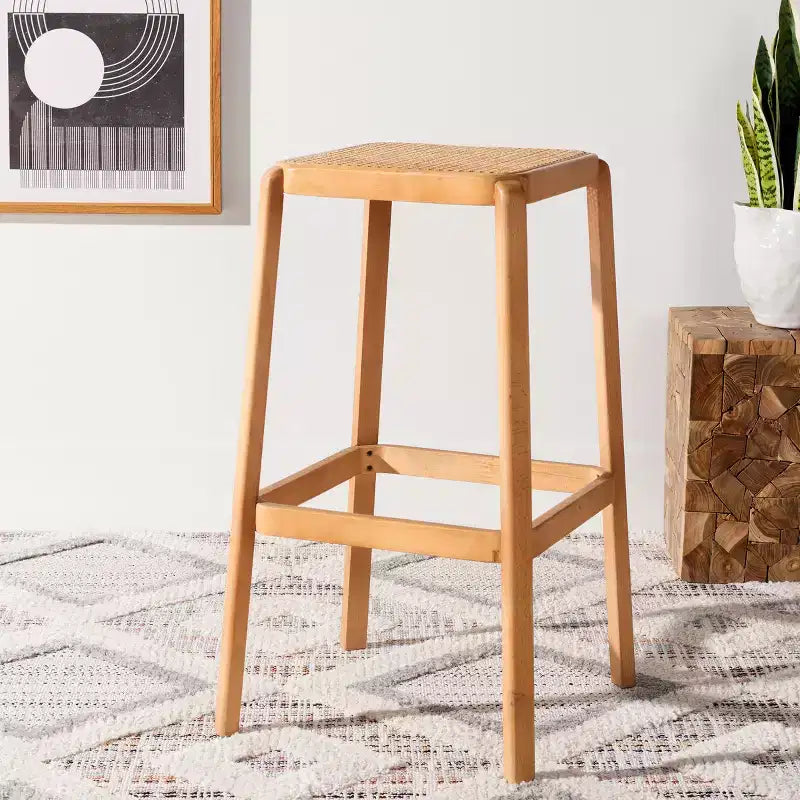 Backless Cane Bar Stool, Beechwood Frame with Natural Rattan Seat, Fixed Height 29.5", No Assembly