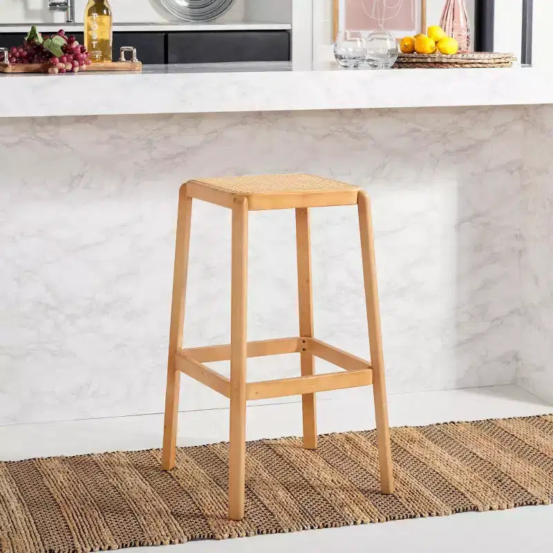 Backless Cane Bar Stool, Beechwood Frame with Natural Rattan Seat, Fixed Height 29.5", No Assembly
