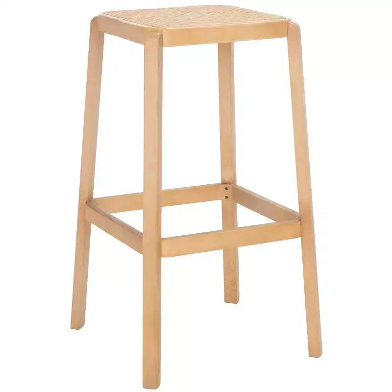 Backless Cane Bar Stool, Beechwood Frame with Natural Rattan Seat, Fixed Height 29.5", No Assembly
