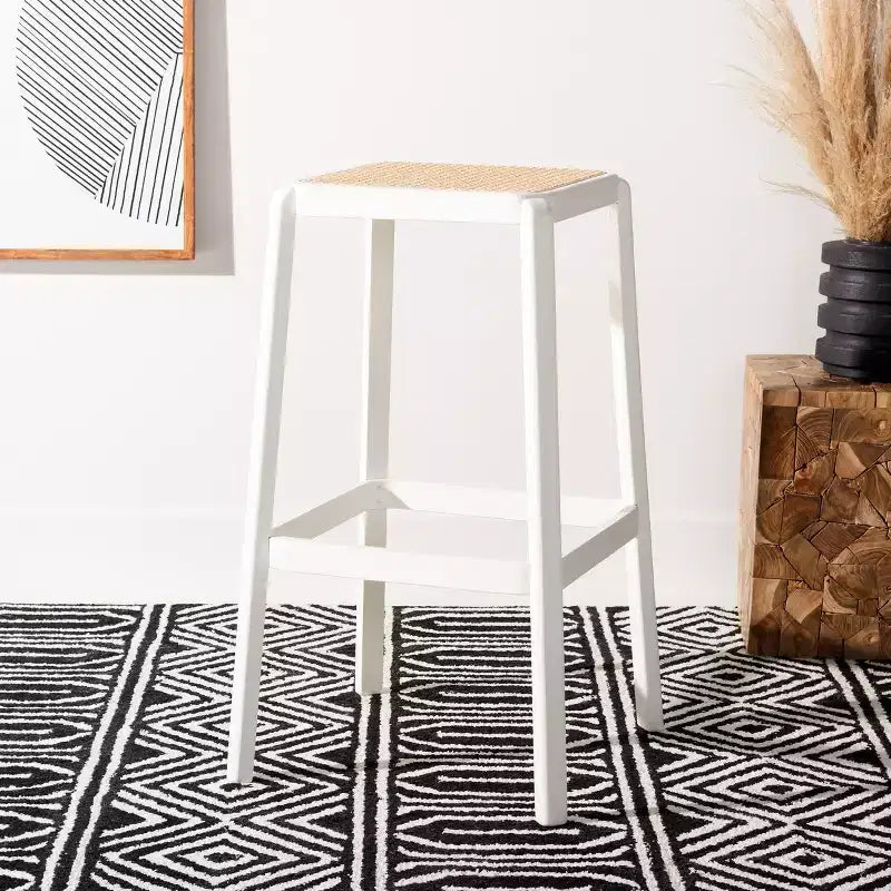 Backless Cane Bar Stool, Beechwood Frame with Natural Rattan Seat, Fixed Height 29.5", No Assembly