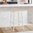 Backless Cane Bar Stool, Beechwood Frame with Natural Rattan Seat, Fixed Height 29.5", No Assembly