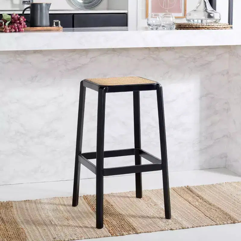Backless Cane Bar Stool, Beechwood Frame with Natural Rattan Seat, Fixed Height 29.5", No Assembly