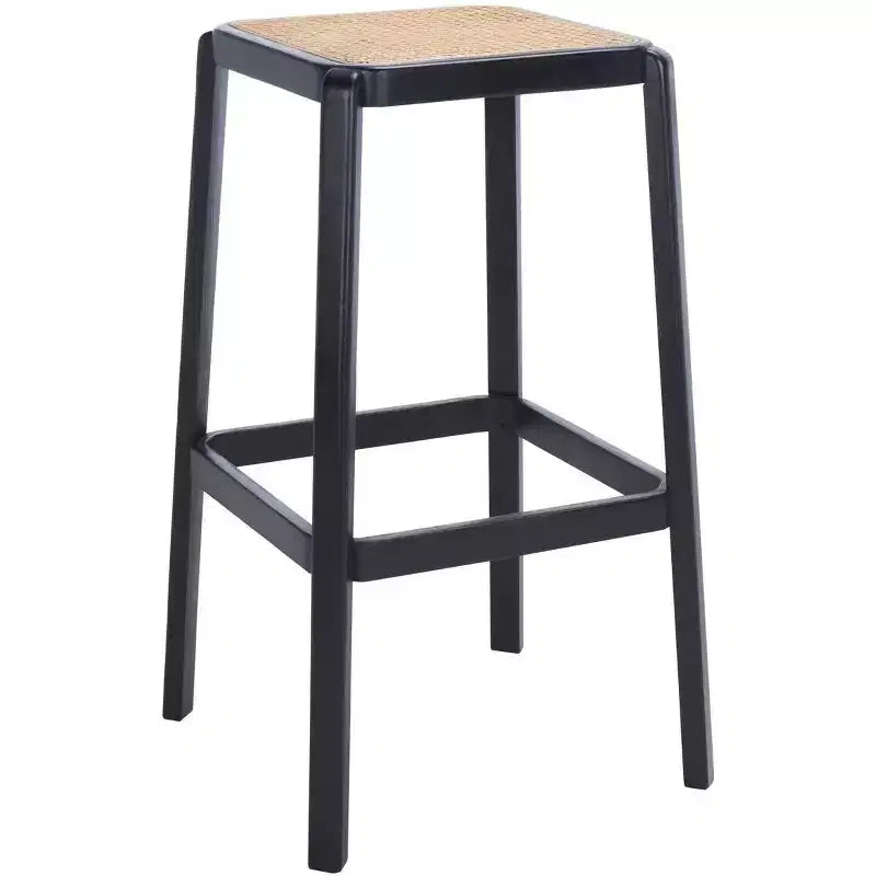 Backless Cane Bar Stool, Beechwood Frame with Natural Rattan Seat, Fixed Height 29.5", No Assembly